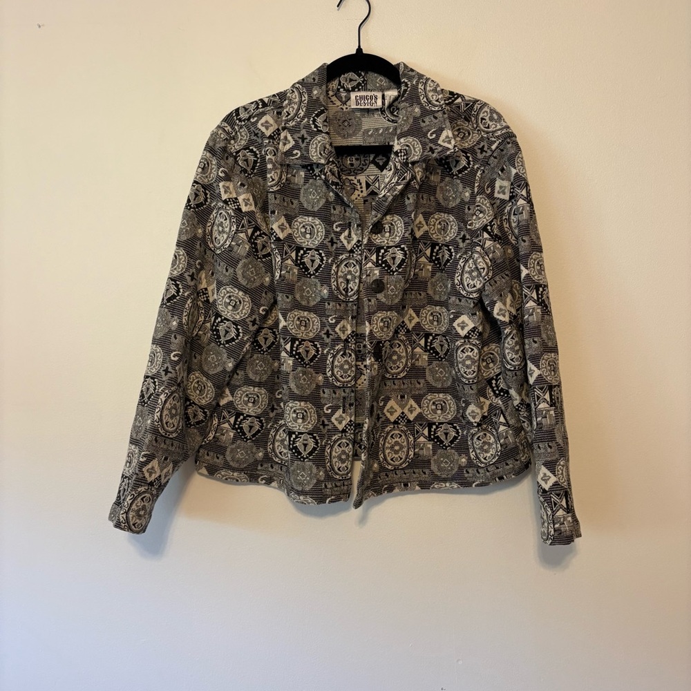 Chico's Black and Cream Patterned Jean Jacket